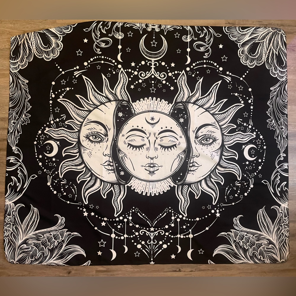 Mystical Sun and Moon Tapestry - Black and White